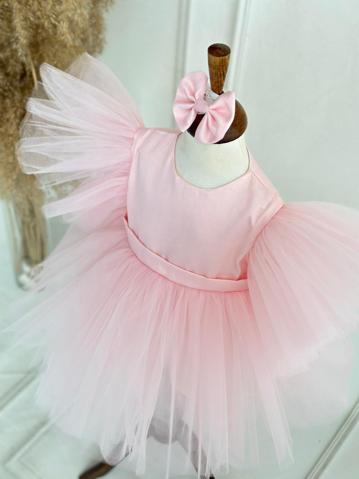 Tulle-Sleeved Puffy Party Dress - Pink
