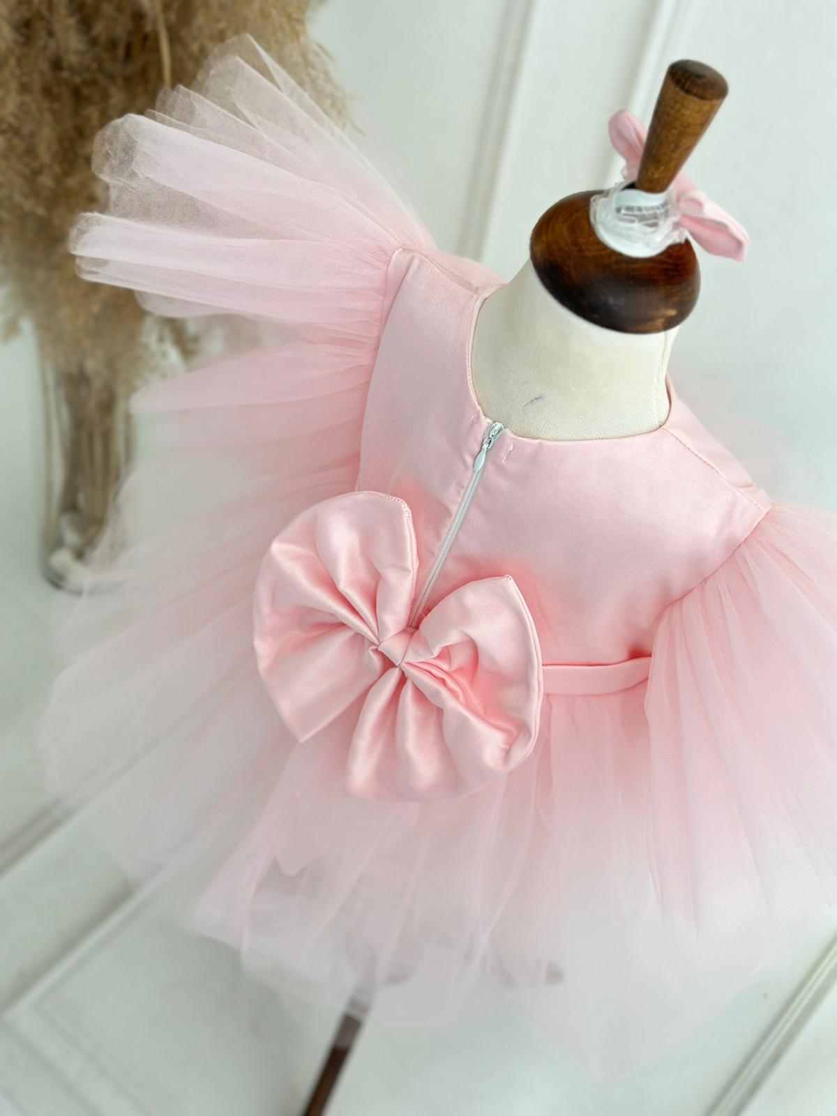 Tulle-Sleeved Puffy Party Dress - Pink