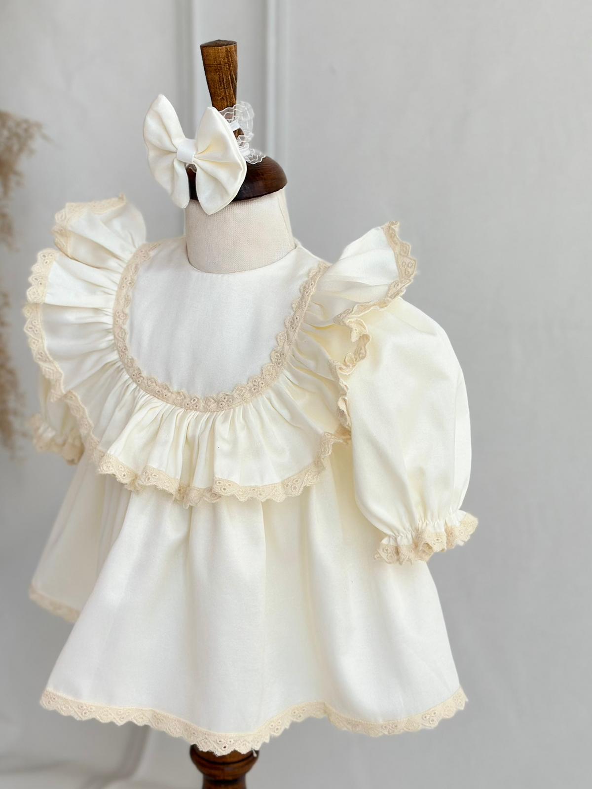 Lace-Trimmed Ruffle Hem Baptism Dress - Cream