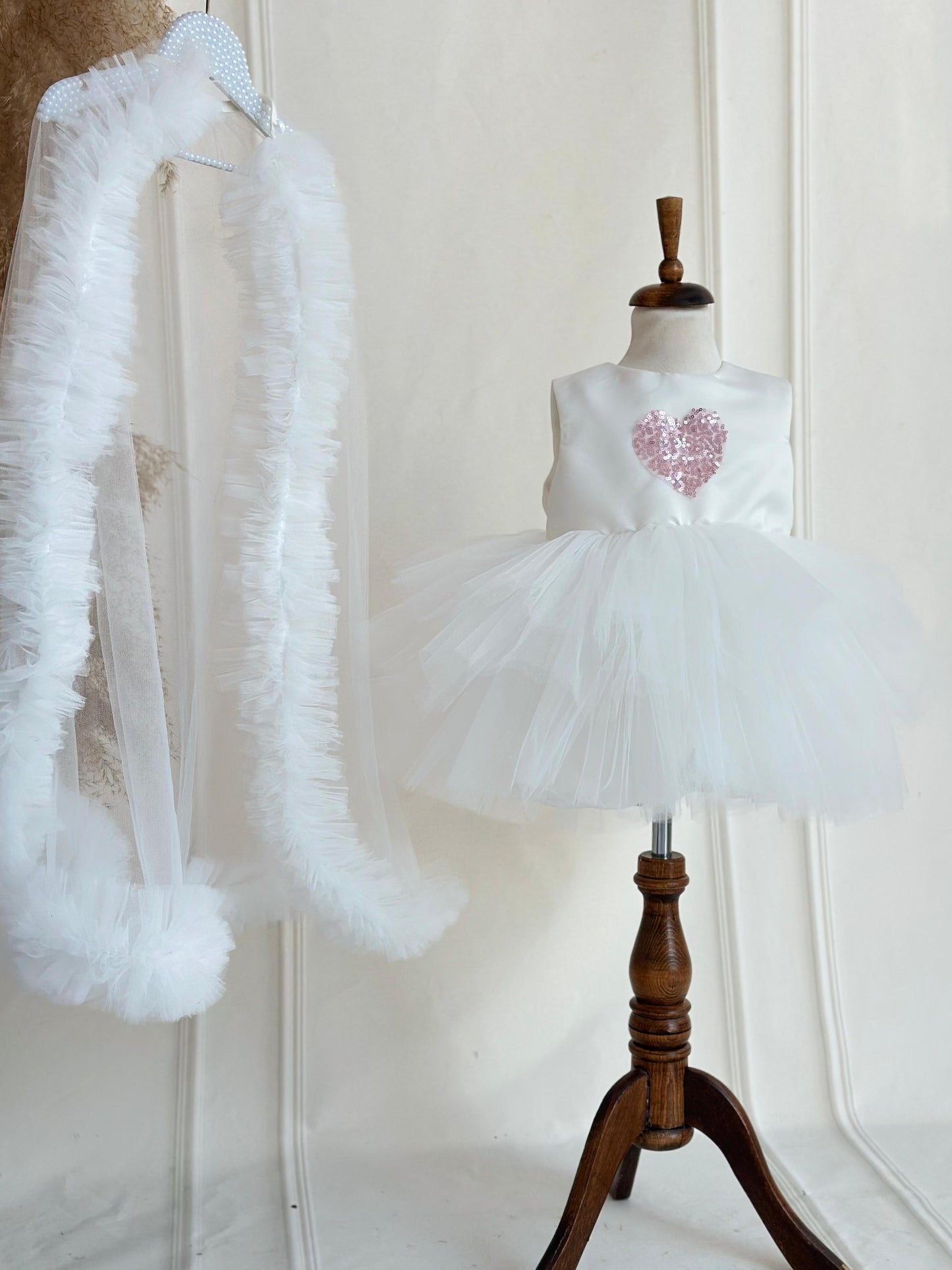 Pink Heart Sequin Detachable Train Party Dress - White