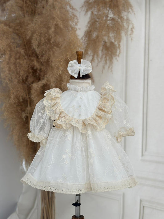 Cream Lace Baby Dress – Pearl Embellished, Ruffled Vintage Special Occasion Dress for Baby Girls