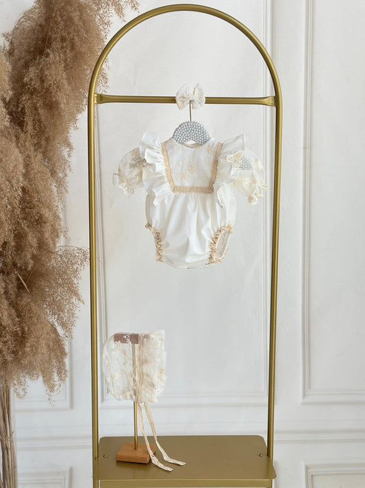 Vintage Lace Baby Romper - Cream