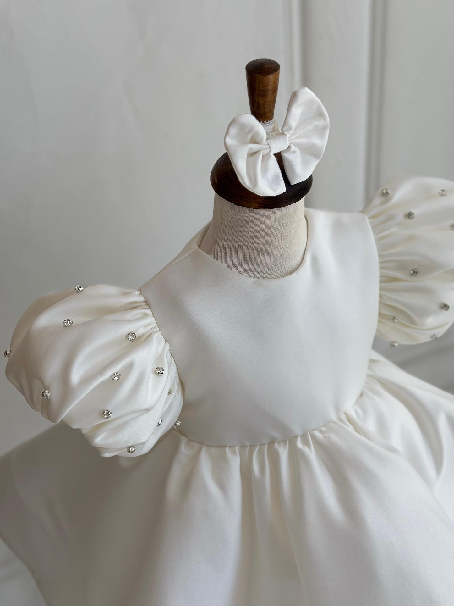 Satin Puff Sleeve Embellished Party Dress - White