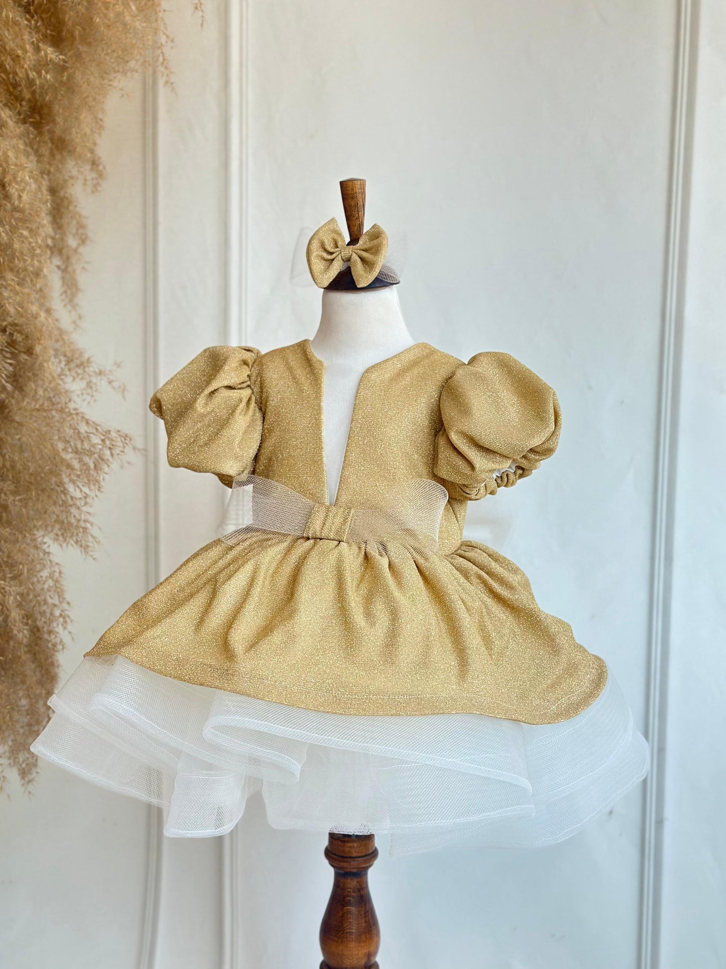 Gold Glitter Puffy Party Dress - Gold