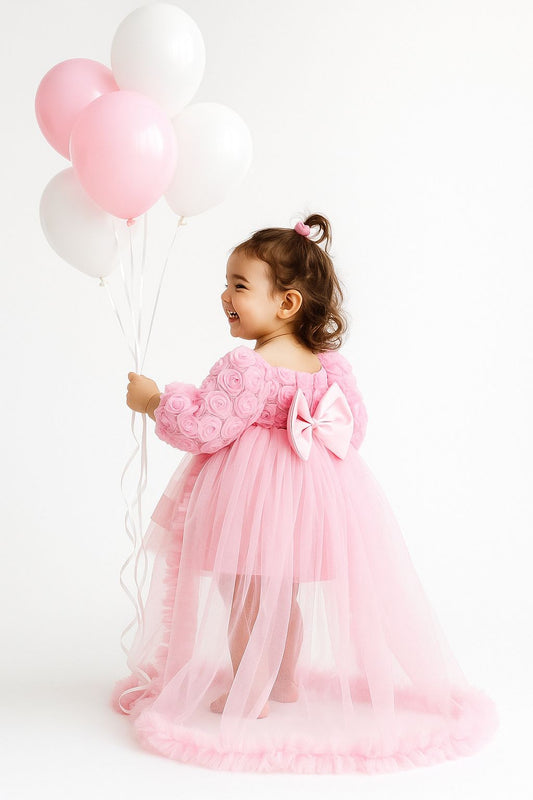 Long Train Pink Tulle Dress with 3D Rose Details for Little Princesses