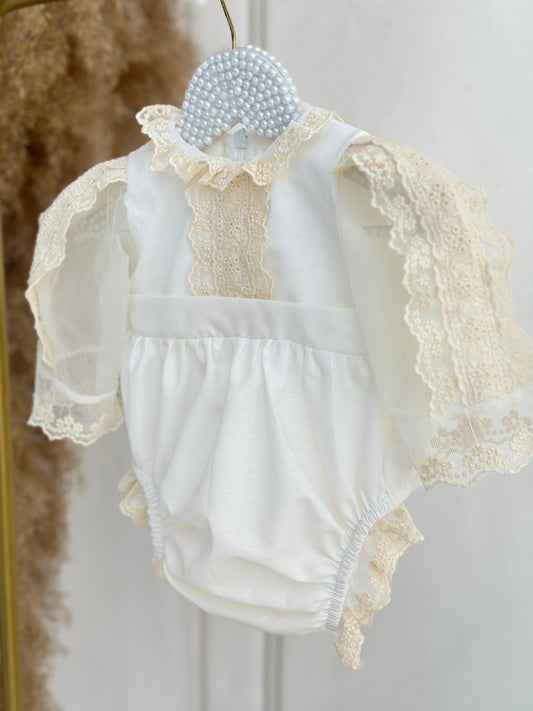 Vintage Linen Romper Set - Cream
