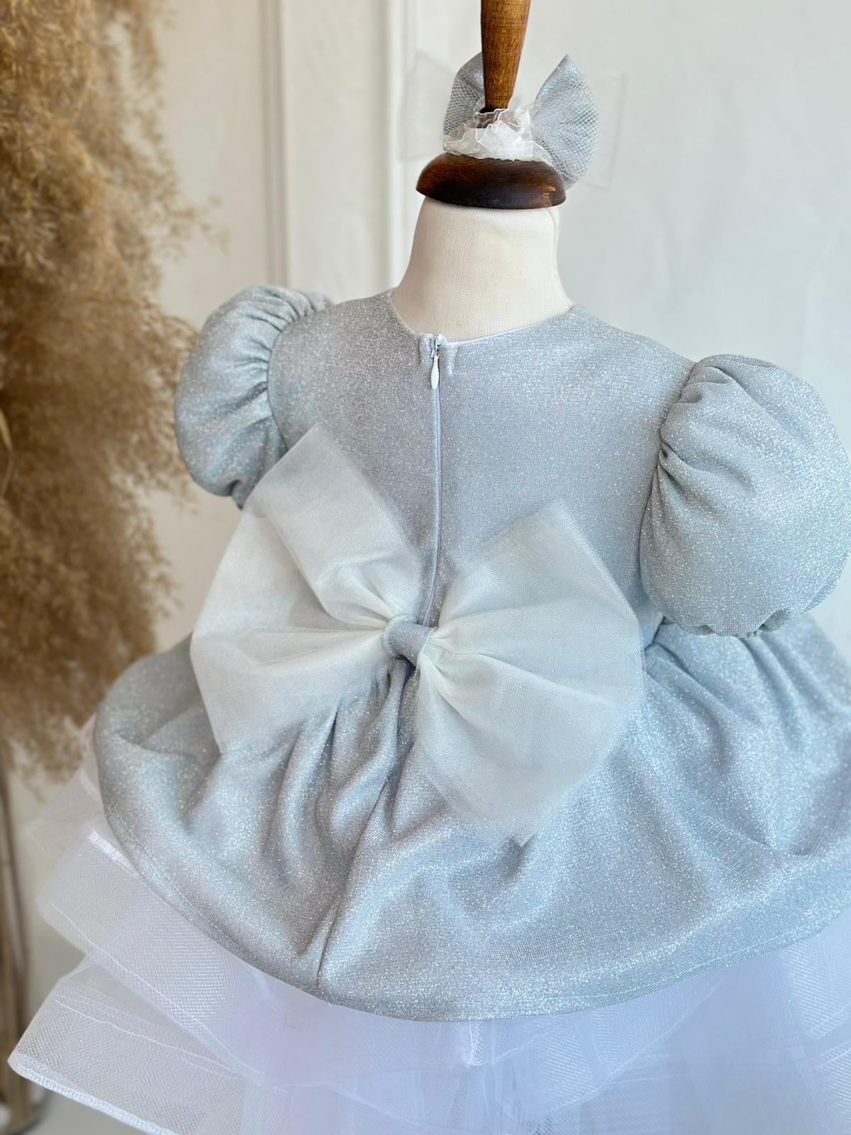 Silver Glitter Puffy Party Dress - Silver