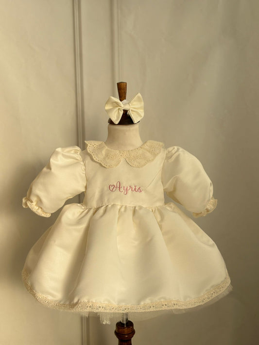 Luxury Personalized Baby Dress with Name Embroidery – Cream Satin Toddler & Girl Dress