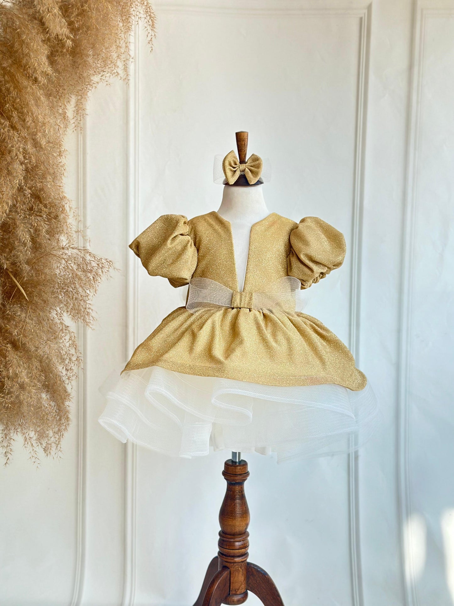 Gold Glitter Puffy Party Dress - Gold