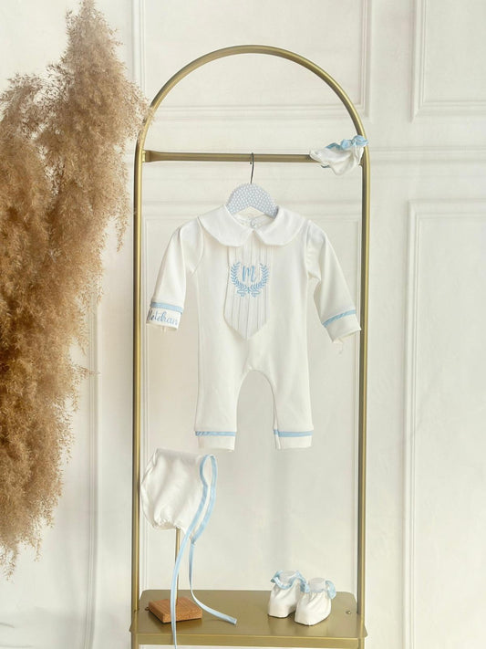 Ecru Romper Set with Baby Blue Piping, Wreath, and Name Embroidery