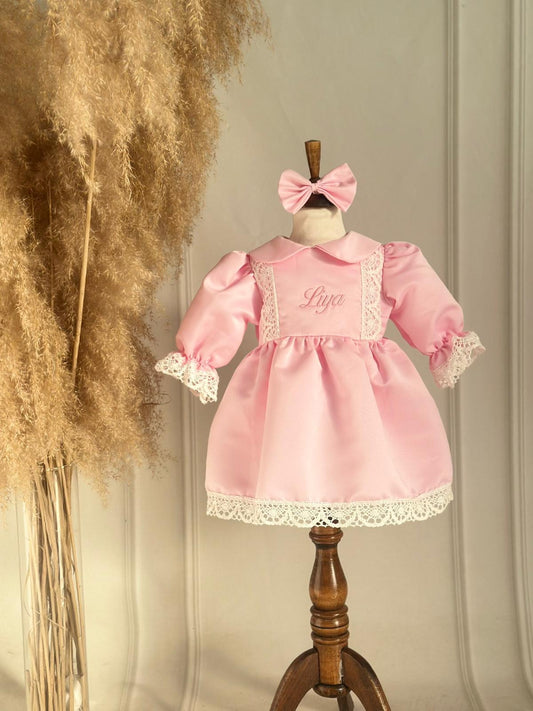 White Lace Pink Personalized Name-Embroidered Dress Set