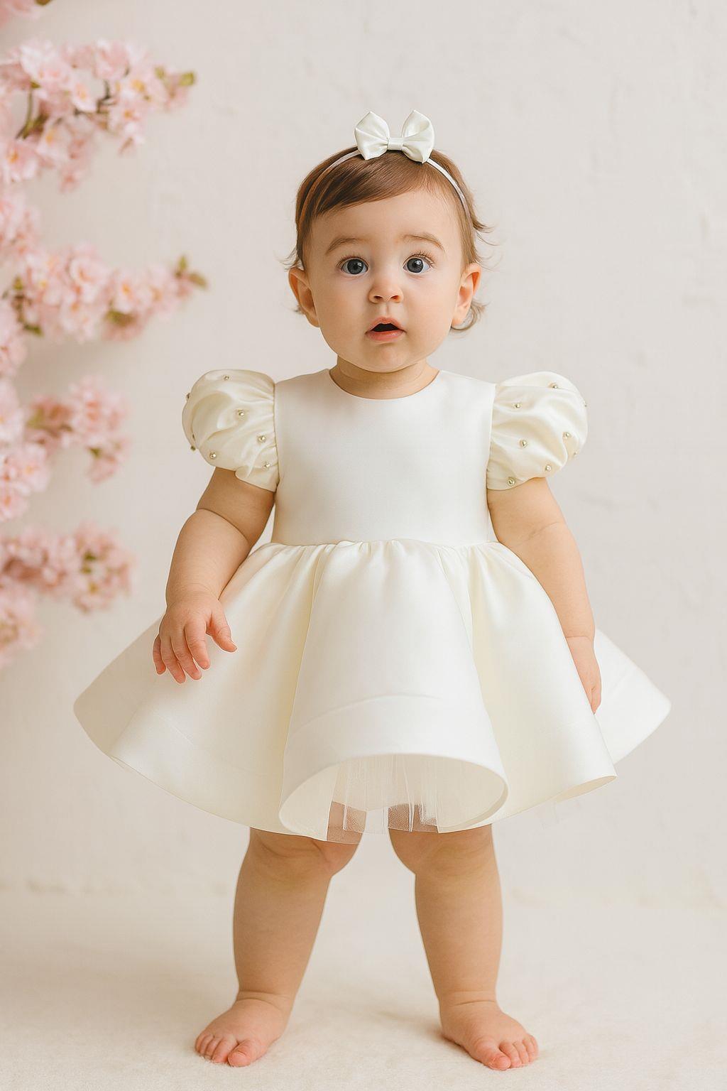 white birthday dress for baby First Outfits  Beau and Belle Each dress is carefully stitched with attention to detail White Satin Puff-Sleeve Rhinestone Detailed