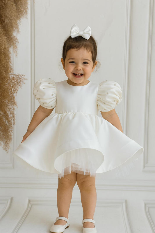 White Satin Puff-Sleeve Rhinestone Detailed Puffy Birthday Dress
