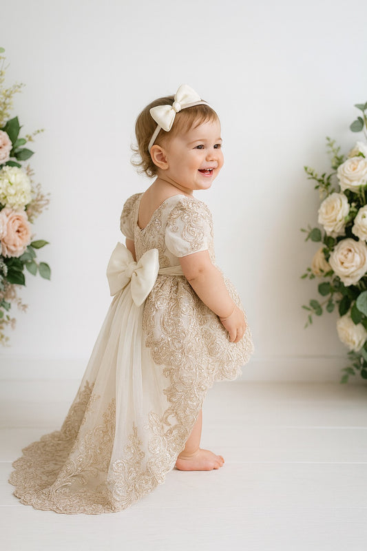 Luxury Embroidered Princess Dress for Girls – Long Tail Tulle Train, Puffy Sleeves | 0-3 Months to 7-8 Years