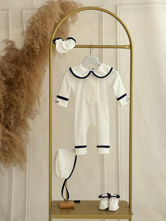 Luxury Baby Boy Romper Set with Hat & Booties – White with Navy Trim