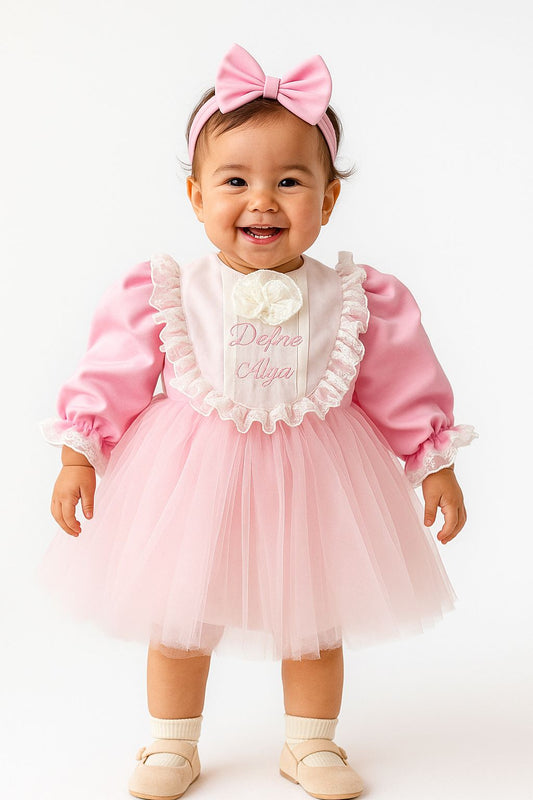 Personalized Pink Baby Tulle Dress with Lace and Bow | Elegant Princess Birthday Outfit