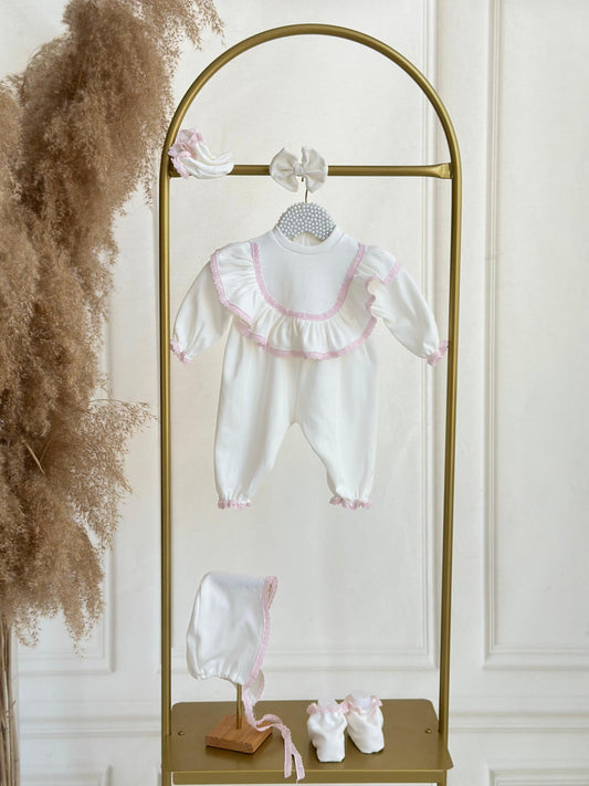 Pink Lace Romper Set - White