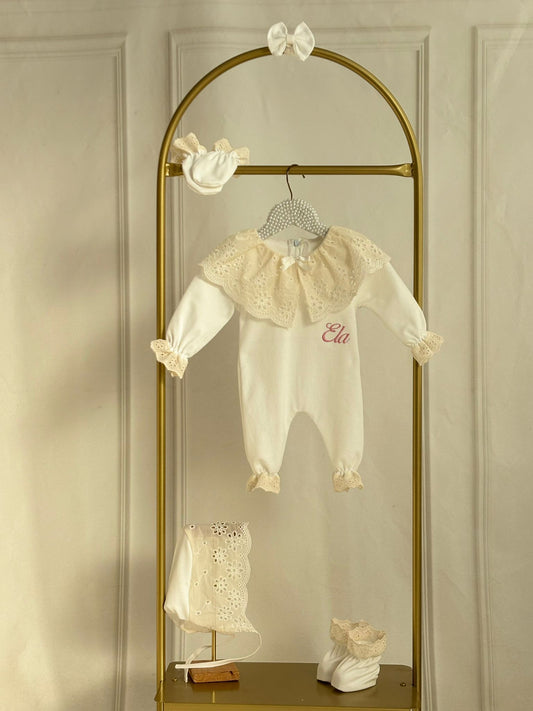 Ecru Cream Romper Set with Lace and Cape