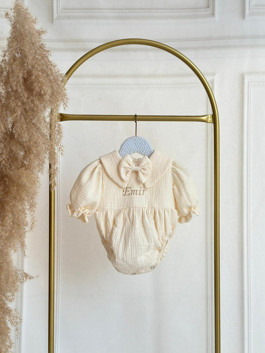 Cream Muslin Fabric Bow Tie Baby Boy Romper