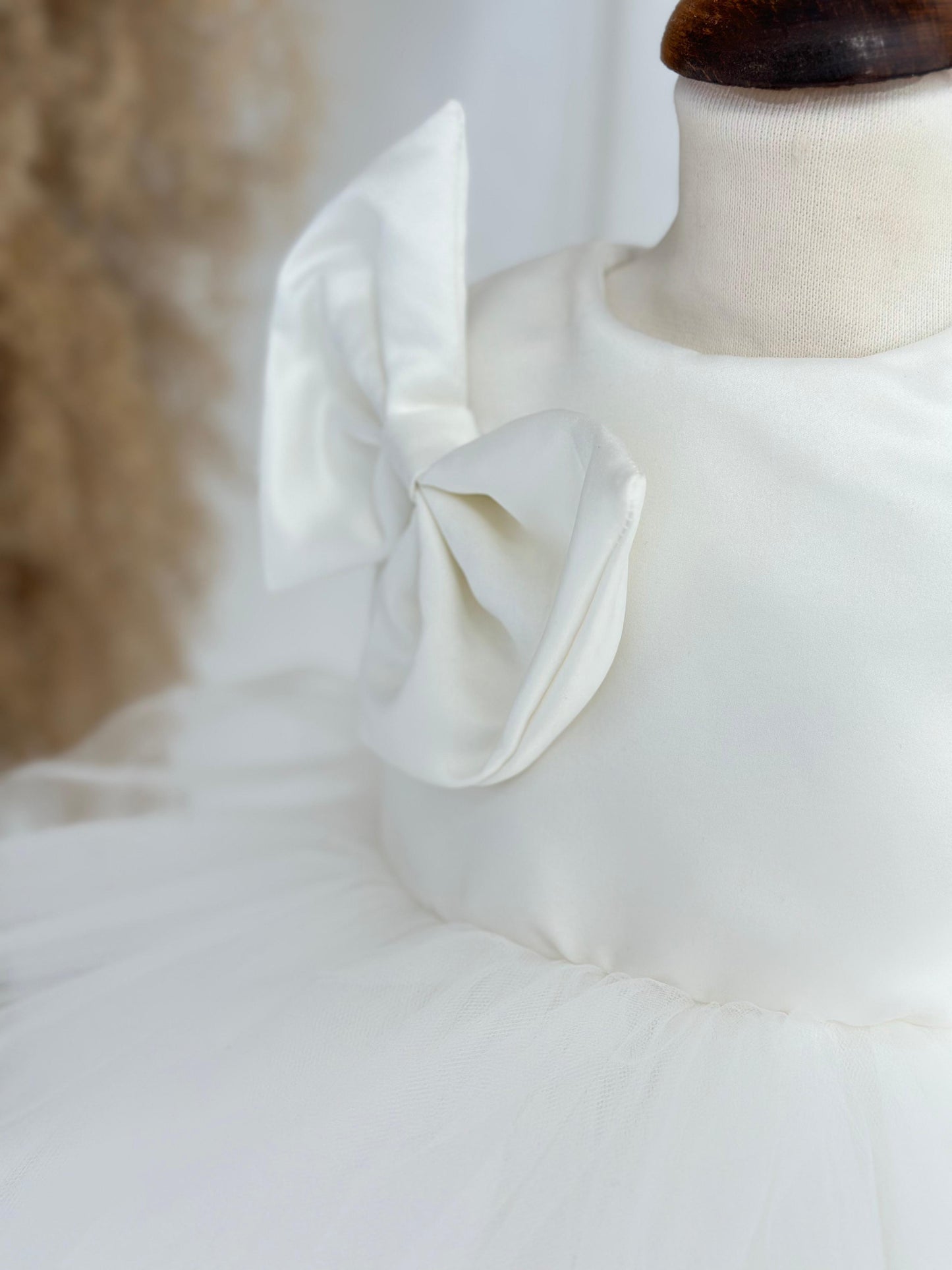 Cotton Satin Party Dress with Bow - White