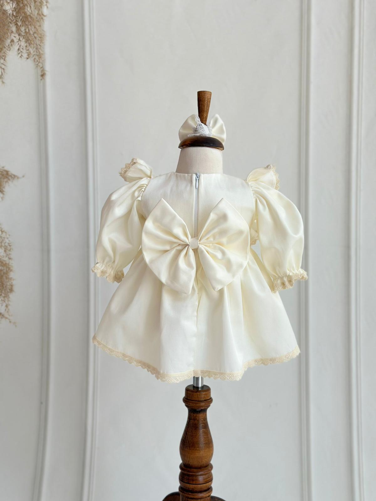 Lace-Trimmed Ruffle Hem Baptism Dress - Cream