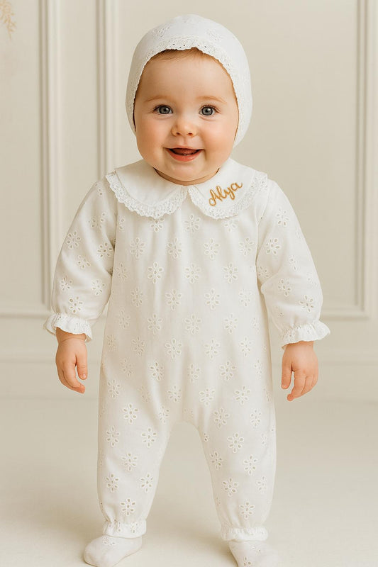 Embroidered Collar Eyelet Romper Set