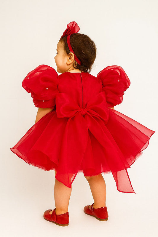 Red Pearl Detailed Tulle Baby & Girl Dress
