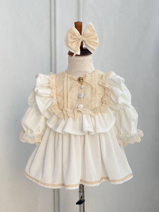 Vintage Cream Velvet Lace Baby Dress with Ruffles and Bow | Elegant Princess Outfit for Special Occasions