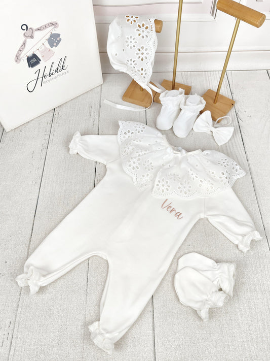 Off-White Eyelet Cape Romper Set