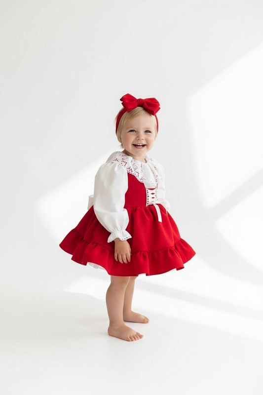 Red Ruffled Baby Girl Dress | Lace Collar and Puff Sleeve Design