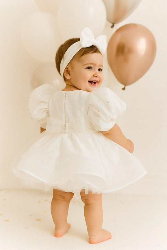 White Baby Girl Puffy Sleeve Dress with Rhinestone Details – Birthday & Special Occasion Outfit