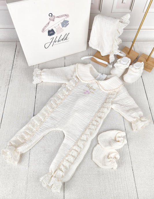 Cream Muslin Fabric Romper Set