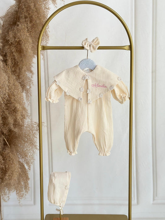 Cream Double-Layer Muslin Romper Set