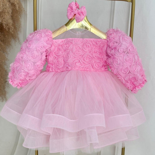 Pink Floral Puffy Tulle Baby Girl Dress | Birthday & Special Occasion Dress