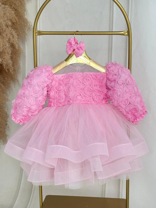 Pink Floral Puffy Tulle Baby Girl Dress | Birthday & Special Occasion Dress