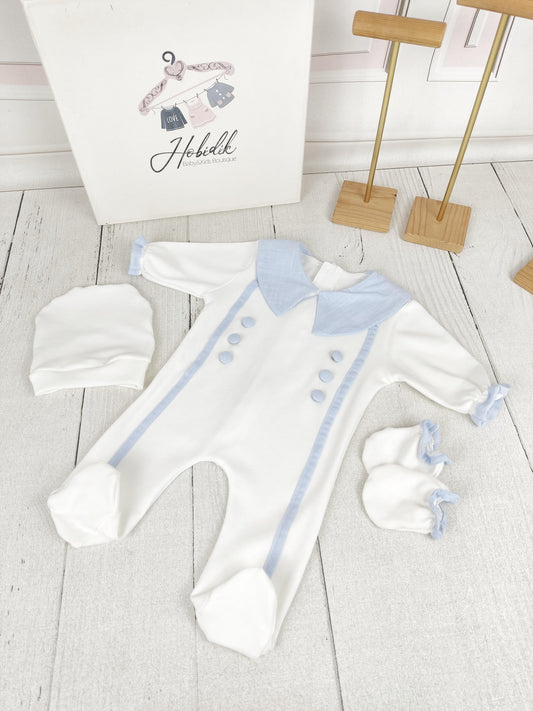 White & Baby Blue Front-Button Romper Set
