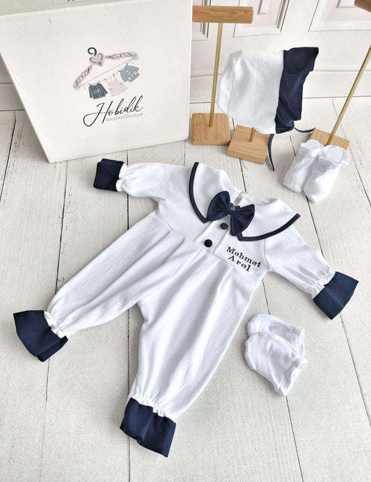White Romper Set with Navy Bow Tie and Name Embroidery