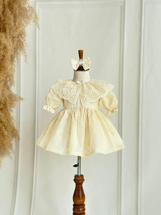 Baby Cream Embroidered Fabric Dress Set with Eyelet Collar