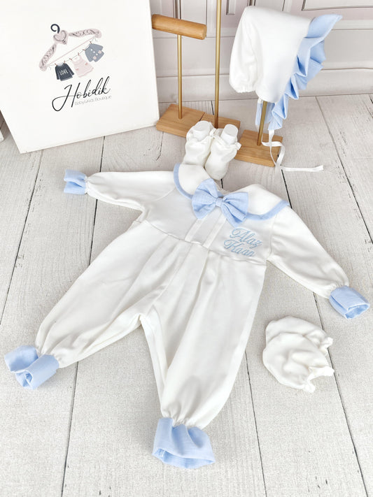 Ivory & Baby Blue Romper Set with Bow Tie and Name Embroidery