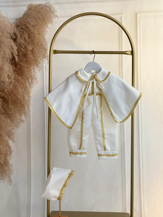 Elegant Gold-Trimmed Cotton Satin Cape Outfit for Christening or Special Occasions