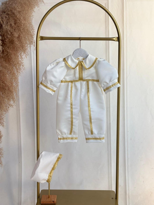 Elegant Baby Boy Christening Outfit – White and Gold Baptism Romper with Matching Bonnet