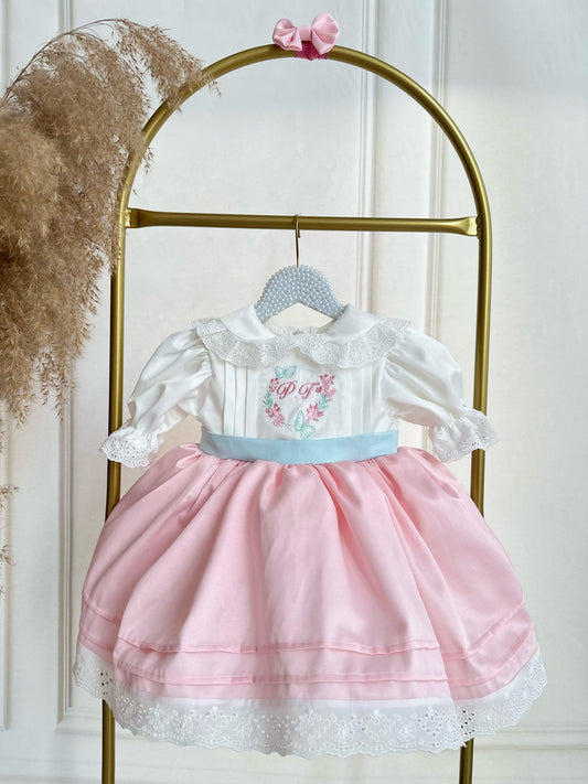 Personalized Pink and White Baby Girl Dress with Embroidery – Vintage Style Birthday & Special Occasion Outfit