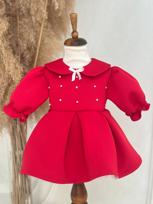 Red Scuba Fabric Girl’s Dress with Pearl and Gem Details