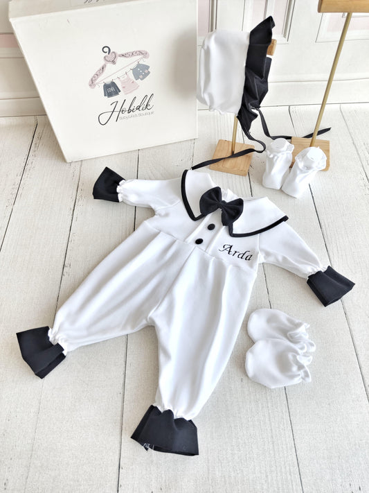 White & Black Bowtie Personalized Name Romper Set