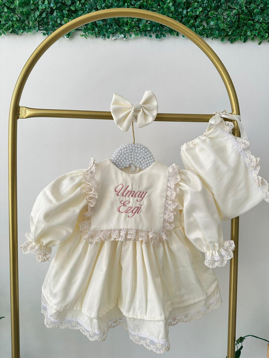Cream Lace Apron Baby Dress Set – Cotton Satin, with Hat, Perfect for Special Occasions