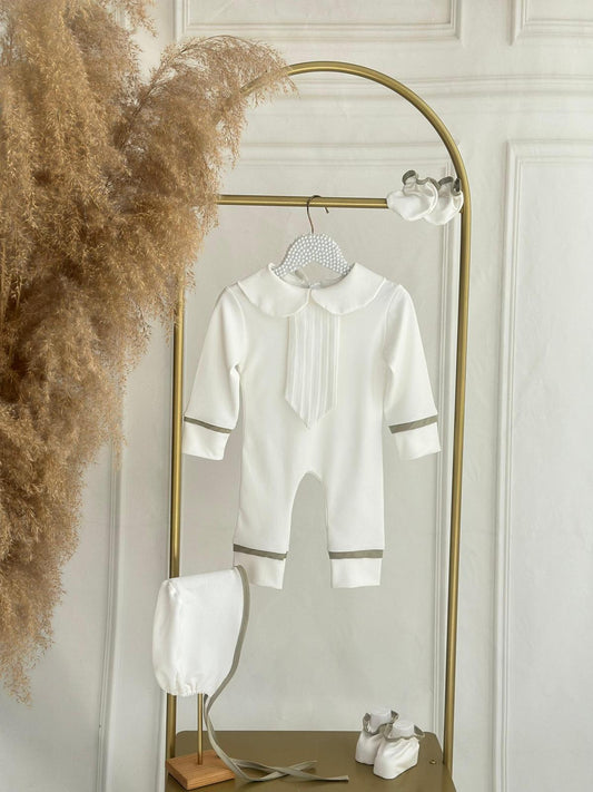 Green Piped Personalized Romper Set with Tie Detail