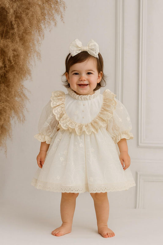 Cream Lace Baby Dress – Pearl Embellished, Ruffled Vintage Special Occasion Dress for Baby Girls