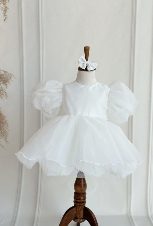 Organza Puff Sleeve Puffy Party Dress - White
