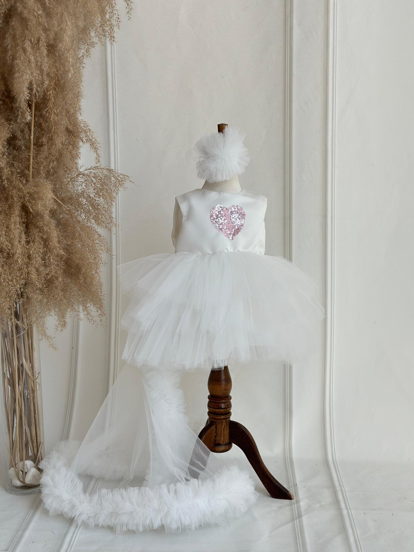 Pink Heart Sequin Detachable Train Party Dress - White