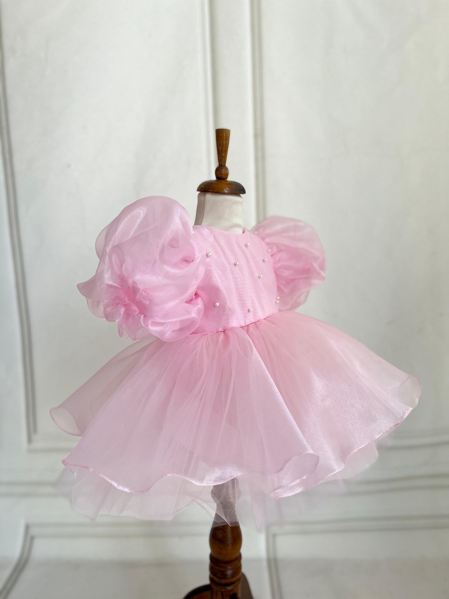 Pearl Balloon Sleeve Tulle Party Dress - Pink